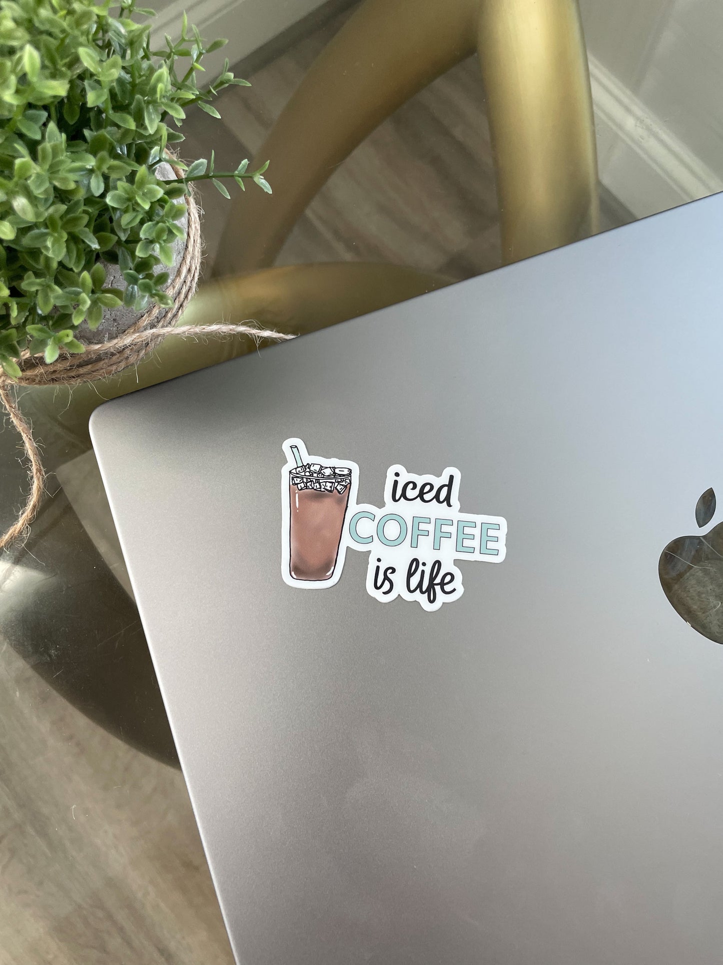 Iced Coffee Is Life vinyl sticker pictured on laptop